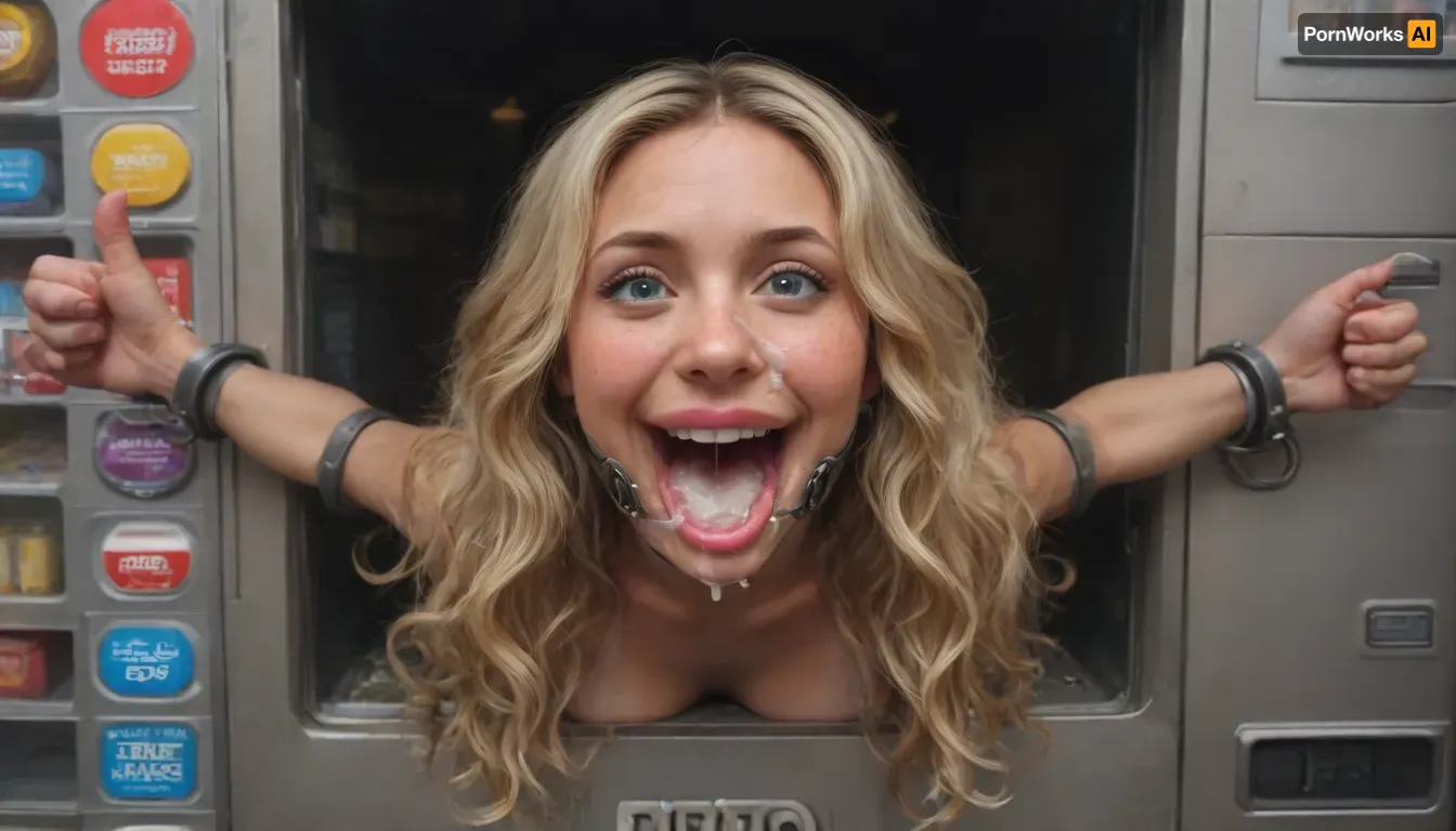 (40 years adult), (very happy:1.5), (she hold her thumbs up:1.5), (woman is stuck with her hips in a round hole with metal rim in a vending machine), (her bust is protruding from a round hole in the front of the vending machine:1.5), (stuck in hole with metal rim:1.3), (vending machine at night, slot for payment), (wide mouth spreader ring gag, gaping mouth:1.5), (leaning forward), (wide smile:1.5), (she needs it, pleading expression:1.2), (box is low mounted, close to floor), (score_9, score_8_up, score_7_up, UHD 8K, masterpiece, best quality, maximum details, natural light, extreme realism, cinematic still), (huge penis:1.4), (she stares at erect penis in front of her face:1.3), (POV from above, she is looking up to viewer, submissive), (POV man standing and looking down, man stroking his big dick:1.1), (arms restrained to wall), (her arms left and right flat against the wall, multiple iron rings fixing her stretched arms against the wall:1.5), (POV standing man, looking down on her:1.2), (mouth wide open), (dirty blonde Swedish woman, freckles, tanned), (tan lines), (iron rings restrain her arms to vending machine), (her arms are spread eagle against vending machine:1.8), (arms restrained with iron rings:1.8), (free-standing vending machine), (her face is covered in cum:1.6), (cum in her mouth:1.1), (bukkake, facial:1.3), (freckles, skin impurities), (transparent liquid:1.2), (realistic cum), (wet face:1.2), (oily skin:1.5), (stuck with hips in a round hole with metal rim:1.6), (long blonde hair, elegantly styled hair, long wavy hair:1.5), (eyes wide open in awe:1.3), (her mouth serves only one purpose), (she's got a new job, she's a public cum dumpster), (pink glossy lips:1.3), (shocking pink lips, pink lipstick:1.5), (eerie lighting:1.3), (smeared lipstick:1.3), (thick bimbo botox lips:1.5)