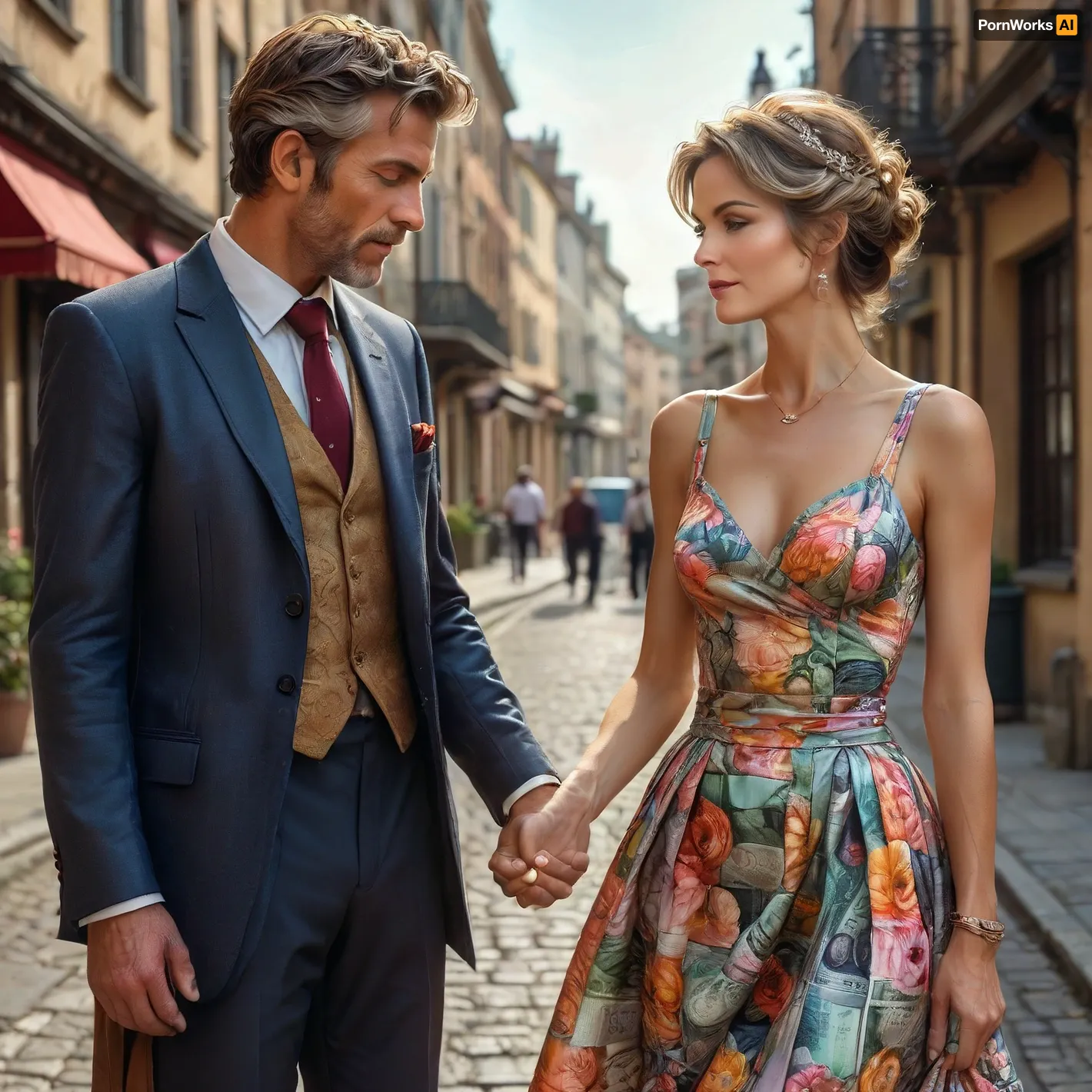 ((athletic female milf, (55 years old), torpedo breasts, tall, tanned, very skinny, dressed in the sexy english old money style, skirt, updo hair, colorful escada summer dress style, elegant gal)), ((toyboy holding the womans hand)), Midjourney, MJ, style, poster, manga, sunlight_str1, <lora:Midjourney_style:1>, <lora:sunlight_str1-SDXL_v1-dim64-steps1691:1>, <lora:tbh45-sdxl:.8>