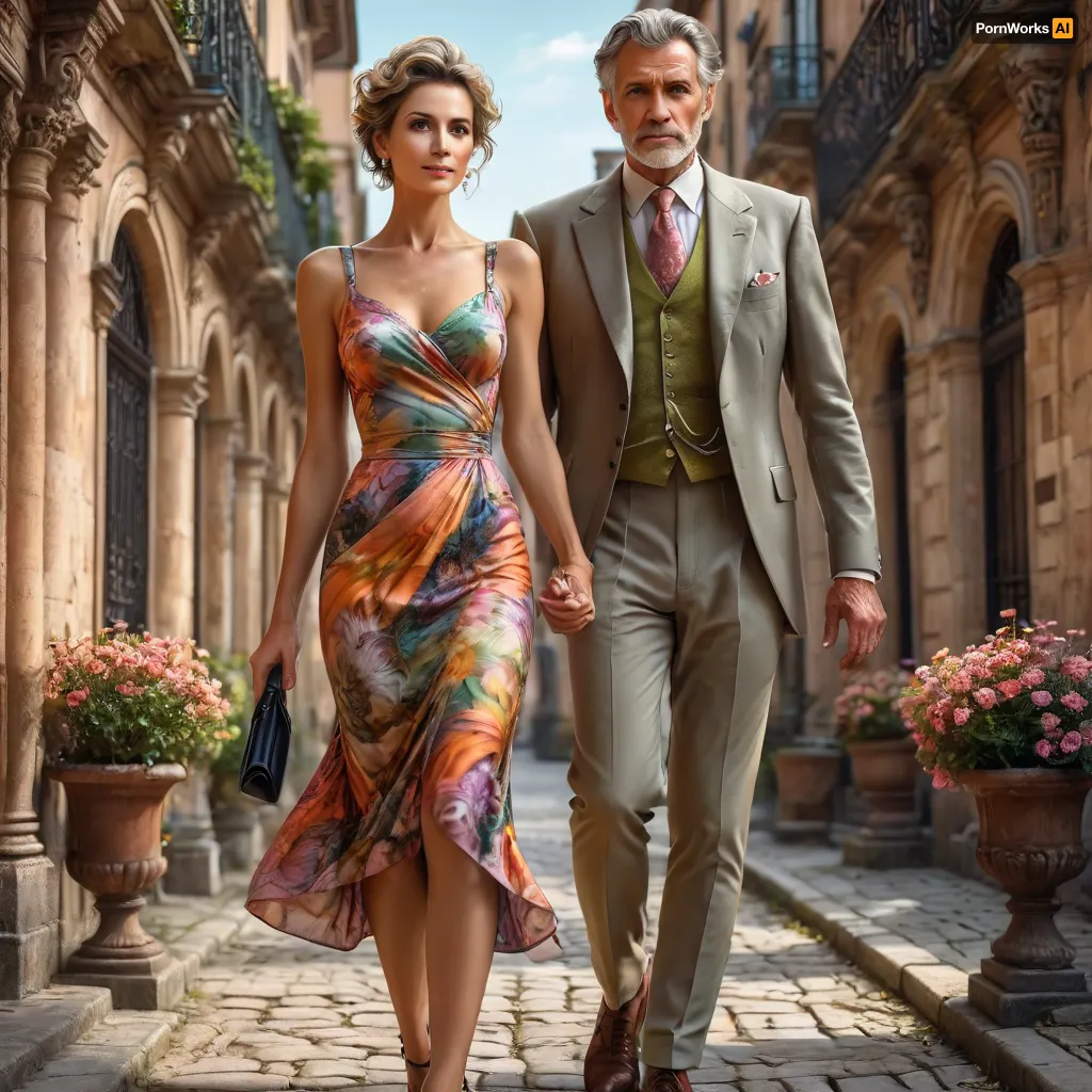 ((athletic female milf, (55 years old), torpedo breasts, tall, tanned, very skinny, dressed in the sexy english old money style, skirt, updo hair, colorful escada summer dress style, elegant gal)), ((young male toyboy woman holding her hand)), Midjourney, MJ, style, poster, manga, sunlight_str1, <lora:Midjourney_style:1>, <lora:sunlight_str1-SDXL_v1-dim64-steps1691:1>, <lora:tbh45-sdxl:.8>