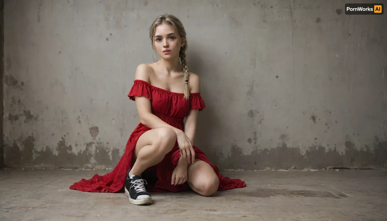Young woman with very light blonde hair, styled in two braids. Pale skin tone, strikingly beautiful facial features. Red dress, partially slipped off, exposed shoulder, black sneakers, slightly dirty. Full body in frame!