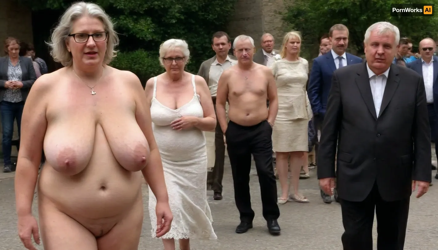 A wedding. Procession. City street. Naked blond obese woman. Well-dressed men in black suits and priests look at the Bride. She is a FAT 58-year-old woman, grandma, (((Full body with head visible))), . She is dressed only with a White veil on her head, White LACE BRA, naked body, no clothes, wrinkles, GLASSES, GRAY hair, collar, leash, ((daylight)), HD, true colors, detailed portrait. No blur, 8k, ultra HD photorealistic full height 8k, <lora:sagging-000015:.3>, plump, skindentation, chubby, bbw, venus, body, big, breasts, ass, <lora:Chubby BBW - XL:1.5>, (holding, with, mouth), <lora:356728_training_data:.8>, stretch, marks, <lora:stretch_marks:.8>