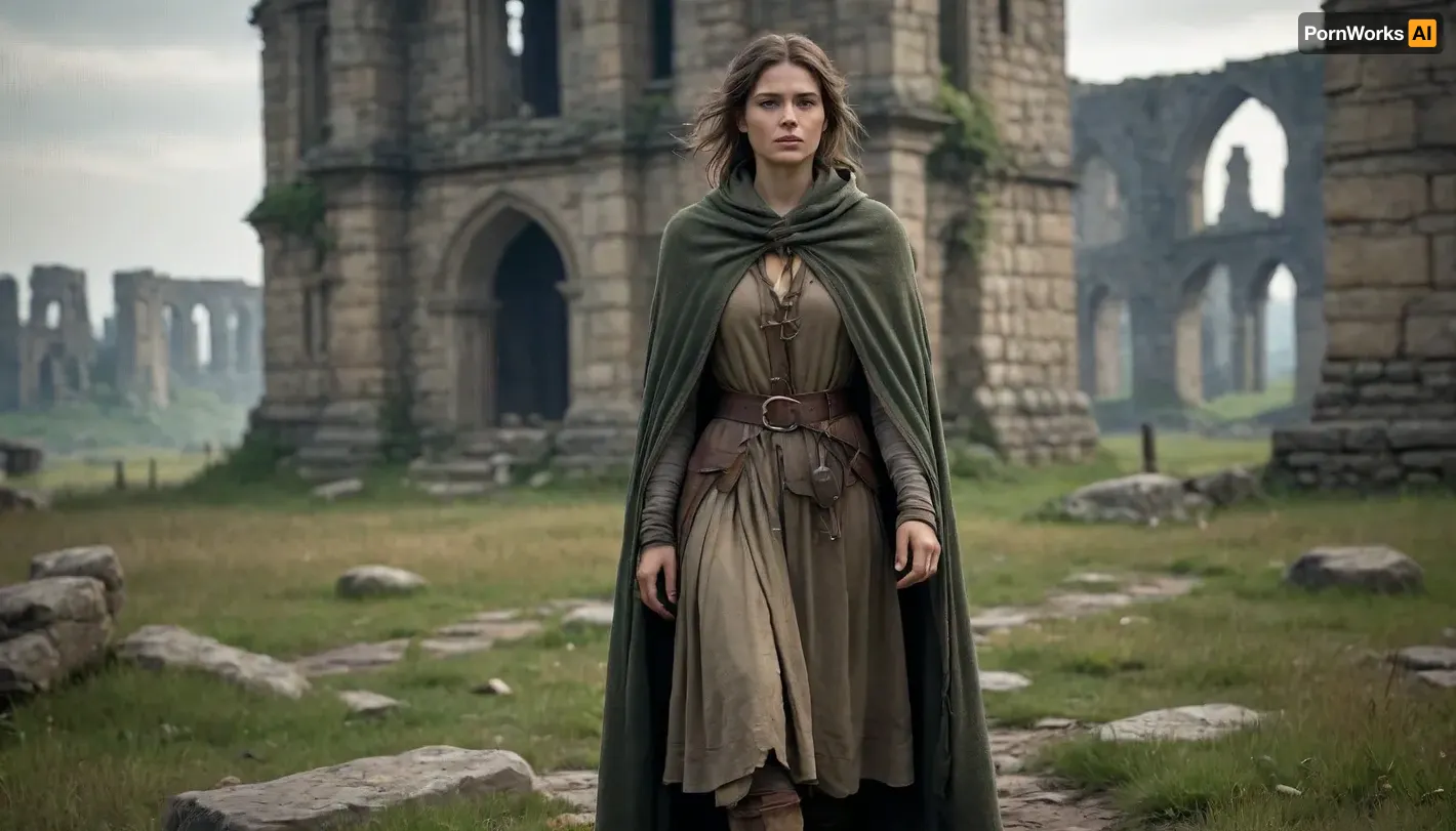 `Post-apocalyptic scene with nature reclaiming medieval ruins, ivy-covered stone castles, collapsed wooden watchtowers, overgrown cobblestone paths, and distant remnants of a shattered city with crumbling cathedrals. A weary woman in ragged, dirt-streaked clothing—patched woolen tunic, frayed cloak with a corroded clasp, scuffed leather boots—walks through a field of wild grass, her garments torn and stained with grime. She carries a dented copper flask, her face smudged with ash, sunlight filtering through haze to highlight the decayed landscape. 8k resolution, hyperrealistic textures, (weathered stone, matted fabric, oxidized metal), cinematic HDR lighting blending muted browns and gray-green tones, anti-aliasing, depth of field focusing on her figure against the ruins, ray-traced mist, lossless PNG format.`