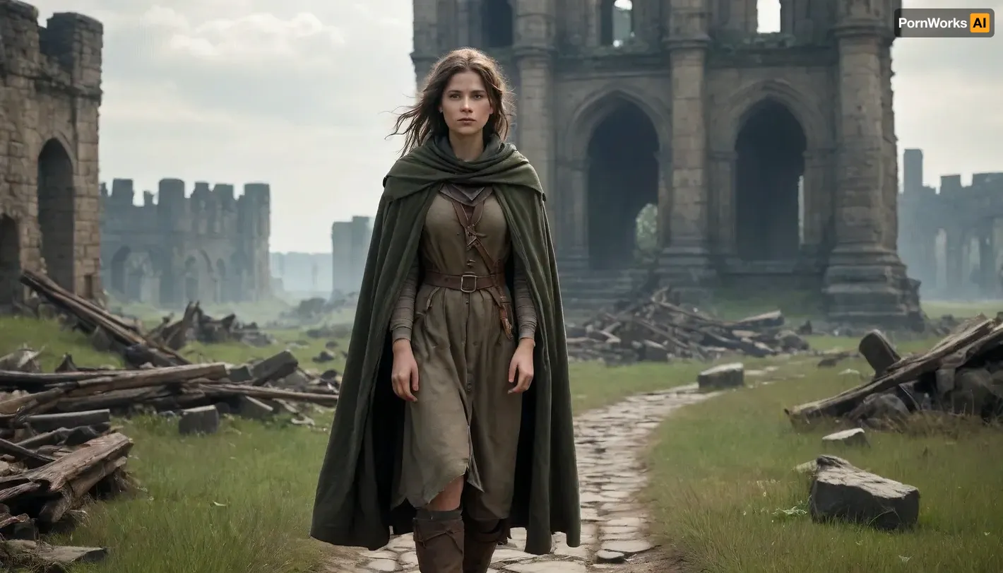 `Post-apocalyptic scene with nature reclaiming medieval ruins, ivy-covered stone castles, collapsed wooden watchtowers, overgrown cobblestone paths, and distant remnants of a shattered city with crumbling cathedrals. A weary woman in ragged, dirt-streaked clothing—patched woolen tunic, frayed cloak with a corroded clasp, scuffed leather boots—walks through a field of wild grass, her garments torn and stained with grime. She carries a dented copper flask, her face smudged with ash, sunlight filtering through haze to highlight the decayed landscape. 8k resolution, hyperrealistic textures, (weathered stone, matted fabric, oxidized metal), cinematic HDR lighting blending muted browns and gray-green tones, anti-aliasing, depth of field focusing on her figure against the ruins, ray-traced mist, lossless PNG format.`