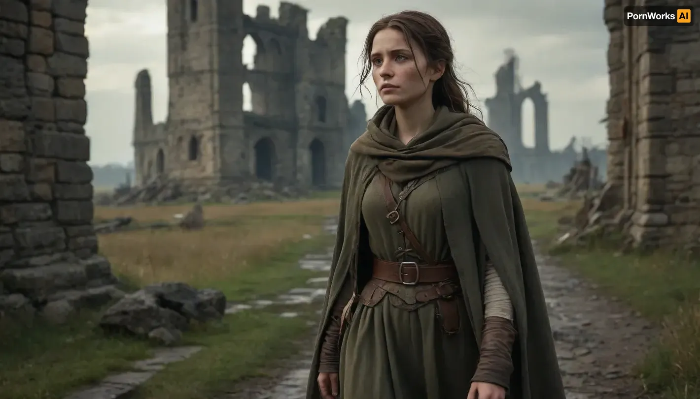 `Post-apocalyptic scene with nature reclaiming medieval ruins, ivy-covered stone castles, collapsed wooden watchtowers, overgrown cobblestone paths, and distant remnants of a shattered city with crumbling cathedrals. A weary woman in ragged, dirt-streaked clothing—patched woolen tunic, frayed cloak with a corroded clasp, scuffed leather boots—walks through a field of wild grass, her garments torn and stained with grime. She carries a dented copper flask, her face smudged with ash, sunlight filtering through haze to highlight the decayed landscape. 8k resolution, hyperrealistic textures, (weathered stone, matted fabric, oxidized metal), cinematic HDR lighting blending muted browns and gray-green tones, anti-aliasing, depth of field focusing on her figure against the ruins, ray-traced mist, lossless PNG format.`