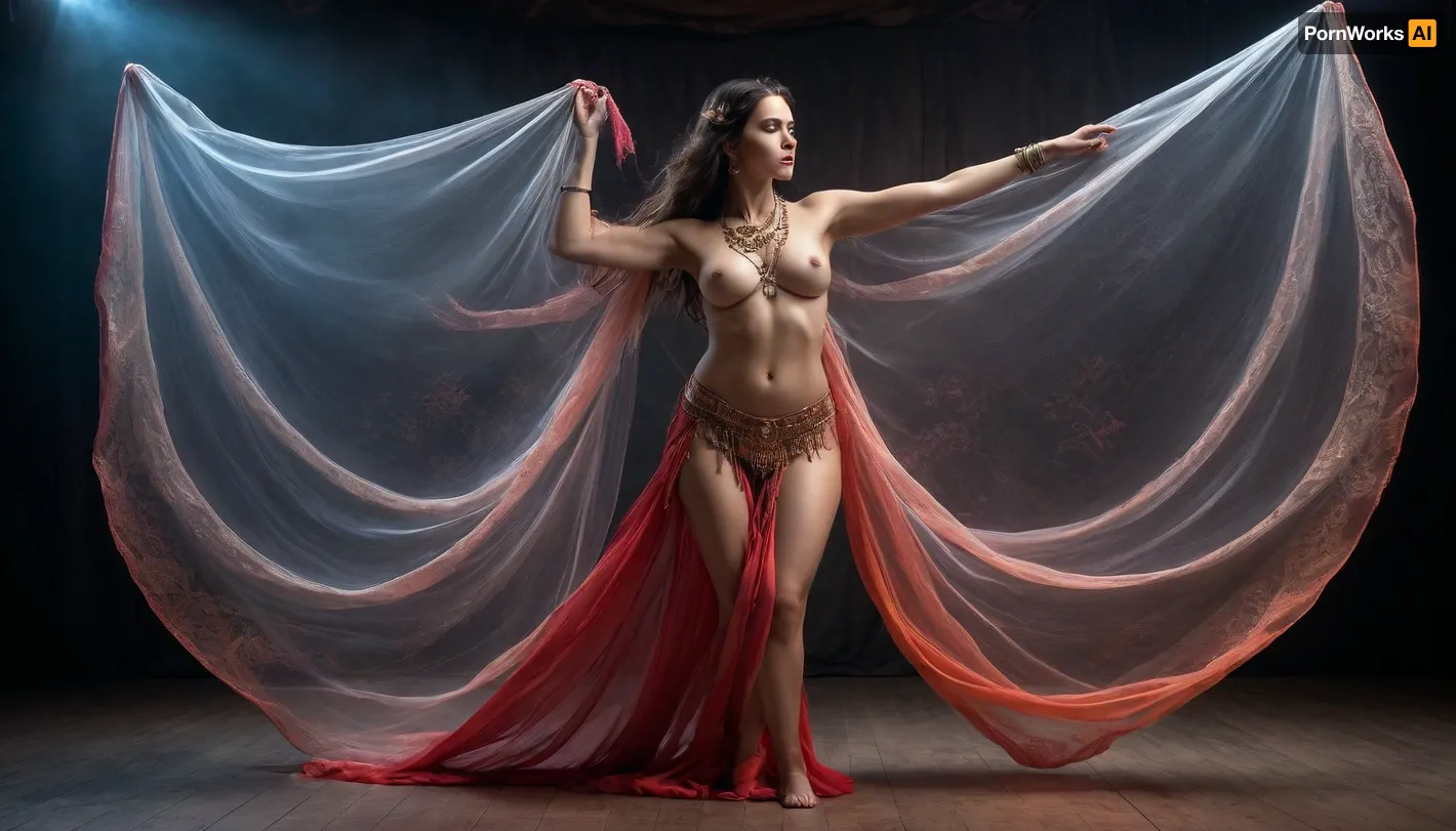 A beautiful alluring female nude belly dancer dressed in transparent large veiling made of thin dark silky threads waving all around woman like a swirling stormy wind, bare chested, naked, her body adorned with intricate tattoos of ancient symbols. she is performing on a stage made of dark titanium plates. Wide shot. Surreal abstract art. Dynamic dancing pose. Dramatic lighting with bluish, redish and goldish neon hues making an overall mysterious surreal dreamlike atmosphere. Glitch art, neurographic art, pixel art, pointillism, dripping ink, symmetrical fractalesque shapes, wave effect. inkbaroque, <lora:inkBaroque:.8>