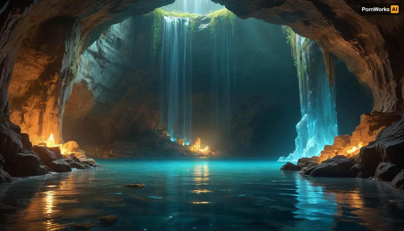 Gorgeous cave. Giant and intricate details. Glistening glowing pools of magical water. Bioluminescent crystals clinging to the cave walls. Garmash. Wlop. Guweiz. Oil paint strokes. Surreal. Outlines. Vivid and surreal crystals and magical water.