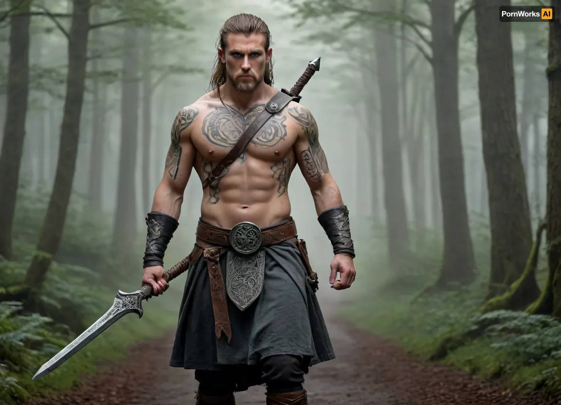 Modern color drawing in fantasy art style, (Celtic warrior in misty forest standing on a path, holding a Celtic weapon in his hand and looking tensely in front of him), close-up, face and shoulders in mystical tattoos.