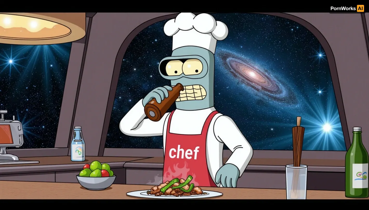 Bender from futurama, wearing a chef's hat and an apron that says "chef", cooking slope from alien slime worms. Drinking beer from bottle, Luxury spaceship restaurant kitchen, galaxy on background