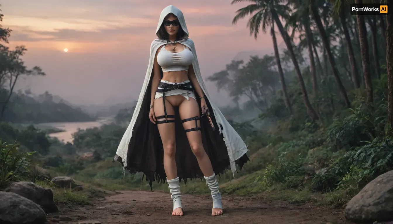 (solo), (full body view:1.7), ((focus pussy and feet)), standing, long black hair, bare tiny feet, (slender:1.6), (huge large heavy breasts:1.6), (huge areolas:1.1), (thigh straps:1.7), shaved, skinny thighs, narrow hips, necklace, bracelets, (black suspender belt), white tank top, (torn top:1.9), (white leg warmers:1.3), (white cloak with hood:1.4), (torn cloak:1.5), (hand great katana:1.2), ((gun belt)), (eye mask:1.1), colorful sky, night, jungle
