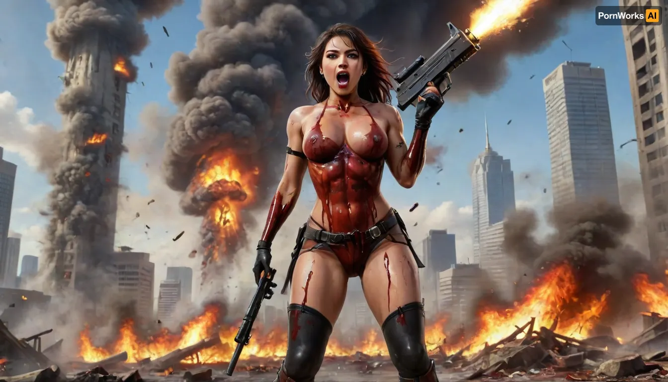 Photo, 8k, score_9_up, score_8_up, explicit, highest detail, sexy happy excited laughing attractive latina, ((she is standing on top of many corpses)), red lipstick, long dyed messy hair, army outfit, upskirt, tall with gorgeous shapely legs, topless, no pants, black fishnet stockings, boots, she holds a huge black bazooka and is firing the bazooka at the sky, a helicopter is exploding in the sky, buildings exploding in the background, bloody, gory, corpses, uberfit, muscular, athletic, boltgun, Explosion, Artstyle, Sch0llg1rl, American, African, Caribbean, Indian, Australian, Chinese, Japanese, Korean, Polynesian, European, Latin, Arabic, Hispanic, Canadian, Mexican, Cuban, uniform, Blood_Covered, <lora:uberfit_lora_sdxl:1.9>, <lora:boltgunXLLoRAv1:2>, <lora:Explosion Artstyle - Trigger is Explosion Artstyle:2>, <lora:Schoolgirl:1.9>, <lora:Blood_Covered-step00001743:1.9>