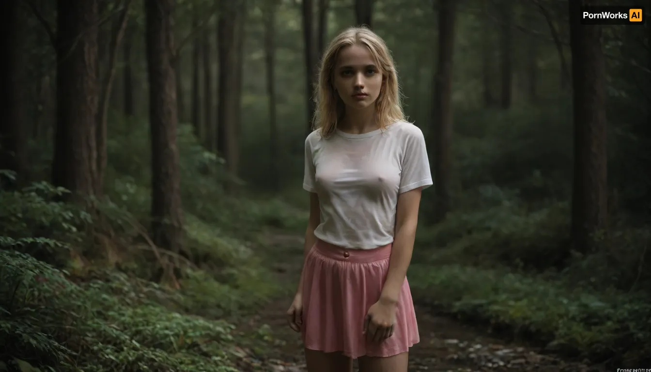 8K, masterpiece, ultra HD, ultra realistic, photo realistic, best quality, professional photography, high quality, Perfect petite, slender, nordic, beautiful, 19yo blonde girl, barely legal, shy, innocent, sensual, erotic, alluring, albino white kin, very long hair, cutest, pink sheer t-shirt, pink pleaded skirt, wet, forest clearing rainy midnight, full body in frame!, <lora:w3t_SDXL:1.2>, <lora:dark:1.2>