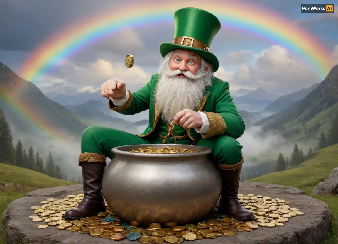 A leprechaun with a long white beard and a green top hat is depicted, wearing a detailed green and gold outfit, squatting on top of a pot overflowing with gold coins, holding a key in one hand and looking towards the viewer. The pot is placed on a rocky ground, with more gold coins scattered around it. In the background, a vibrant rainbow arcs across a cloudy sky with hints of blue, descending towards a green, hilly landscape on the left and misty, tall mountain peaks on the right. Digital painting, detailed fantasy illustration Bright, magical lighting, with the rainbow casting colorful hues on the scene Medium shot, eye-level perspective Intricate details on the leprechaun's attire and the gold coins, rich colors, atmospheric, mythical, whimsical