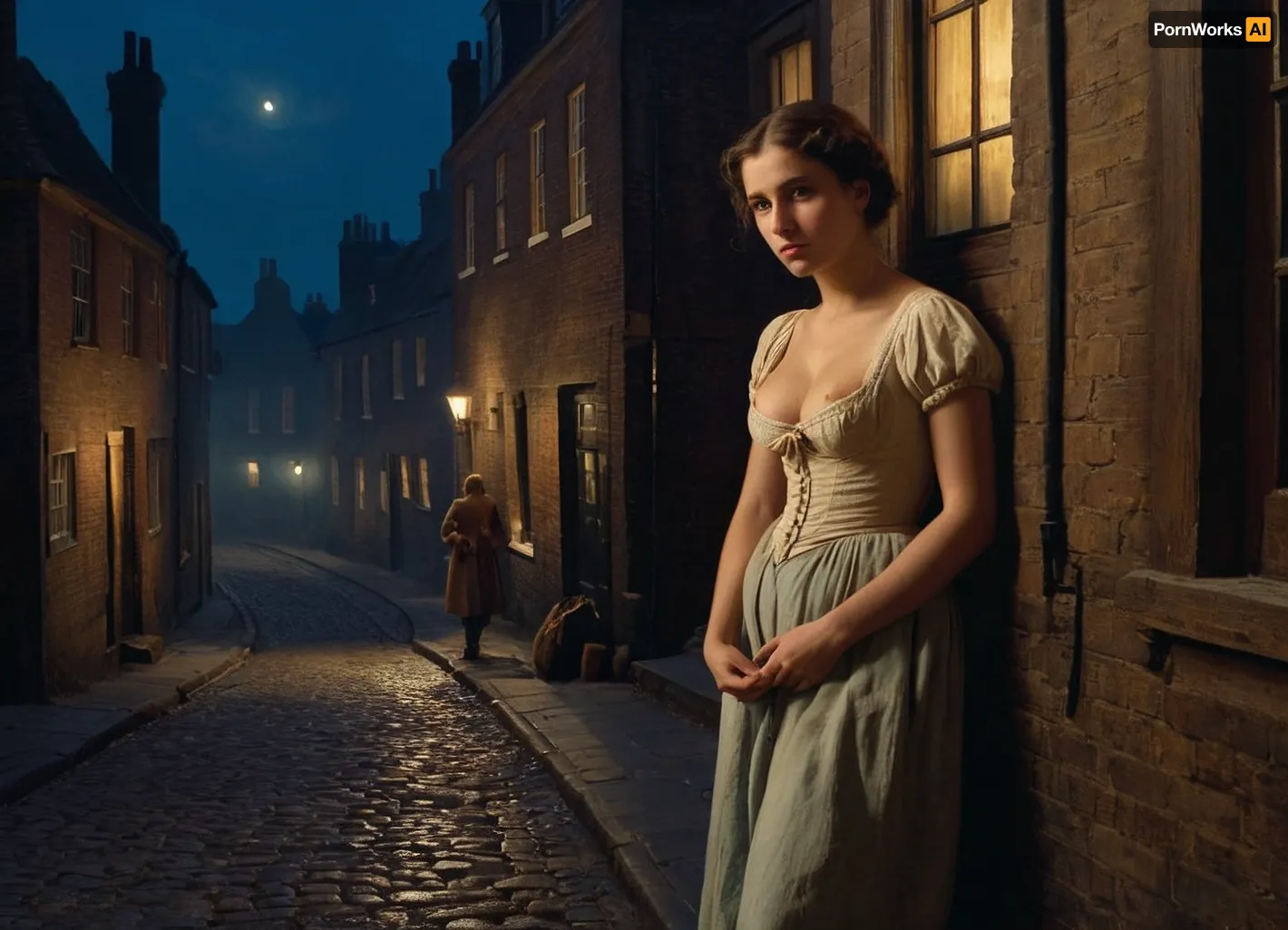 (historical oil painting about 1860), young, (big eyen, small mouth), woman in historical dirty streets of london, ragged and dirty clothes, She's a hooker, leaning on the wall of a guesthouse in London in the night, one breast exposed, men's walking by, woman look sad, view from distance, (oil painting in Aivazovsky style, night, nighttime, low lighting, highly detailed figure, at night, darkness)