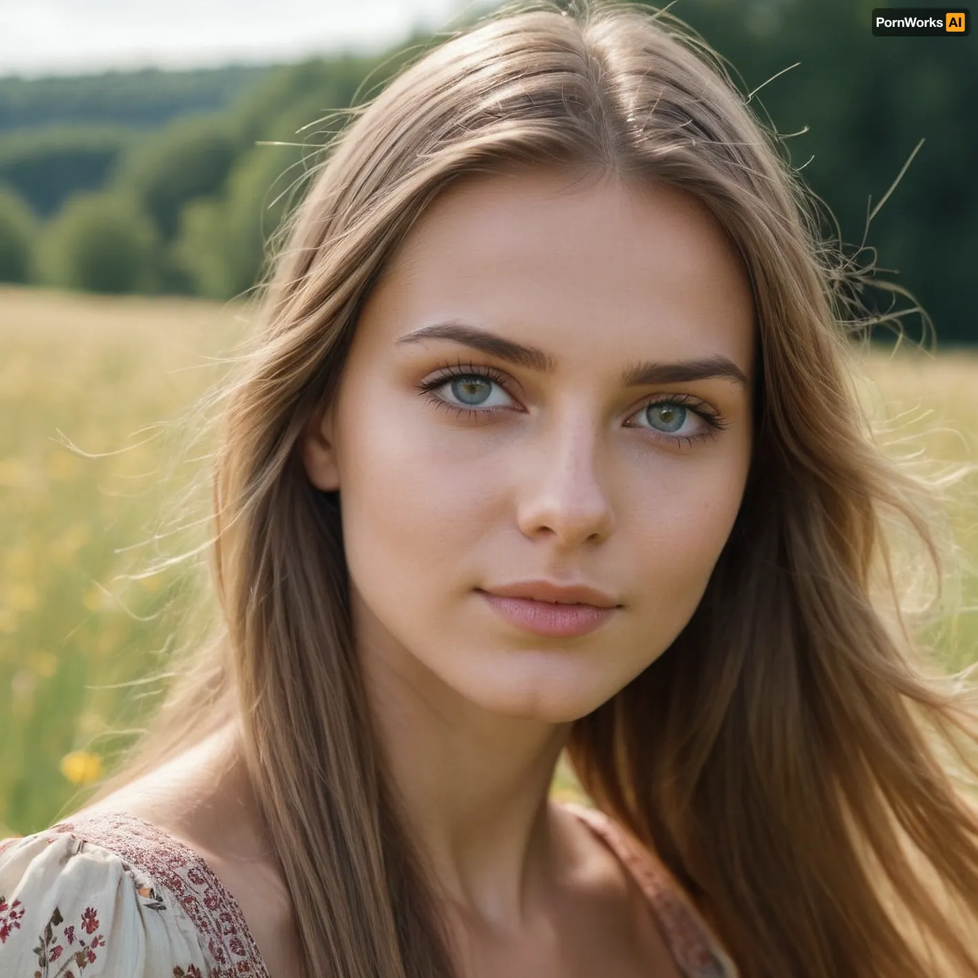 (high quality photographie), (detailed eyes), (detailed skin), (ultra sharp), one only beautiful tall 25yo woman, (woman6), long dark blonde hair, very straight hair, in summerdress on a sunny day on a meadow, no makeup, soft smile, focus on eyes