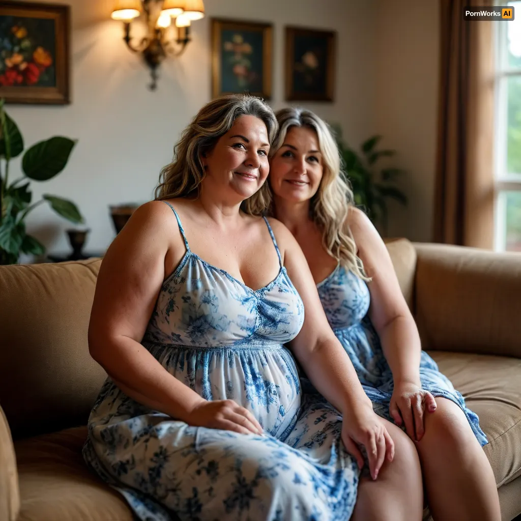 Raw picture, iPhone 15 pro photo, warm light, two mature obese ssbbw women, milf, 55 years old, looking at the camera, smiling, large boobs, light brunette hair with highlights, sitting on a couch in a living room, flashphoto, dark tanlines, touching her boobs with her hands, skin detailed with skin imperfections, (the woman on the left is wearing a long white colored with blue floral print sun dress), (the woman on the right side is wearing a sleeveless spaghetti strap dress), <lora:MJ52:.8>