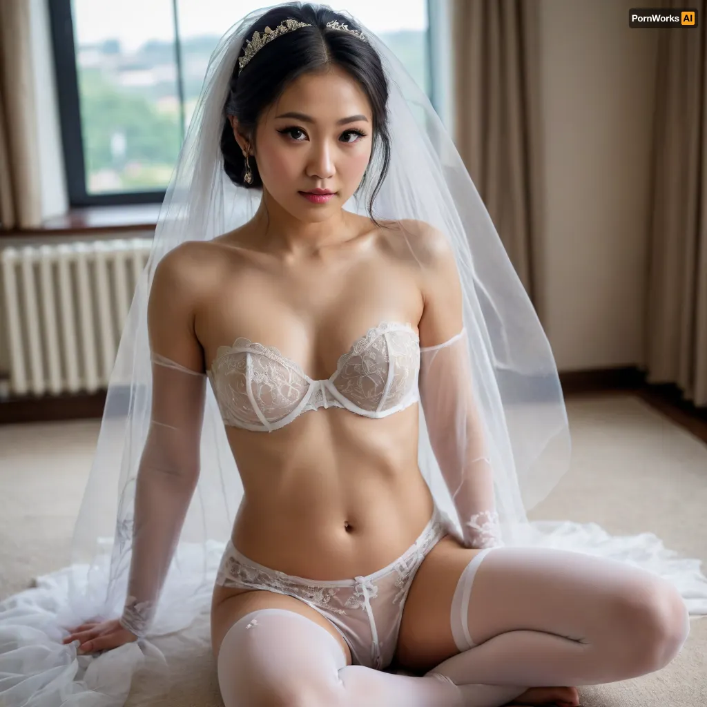 asian bride with veil, topless, no bra, white garter belt, stockings, on her knees