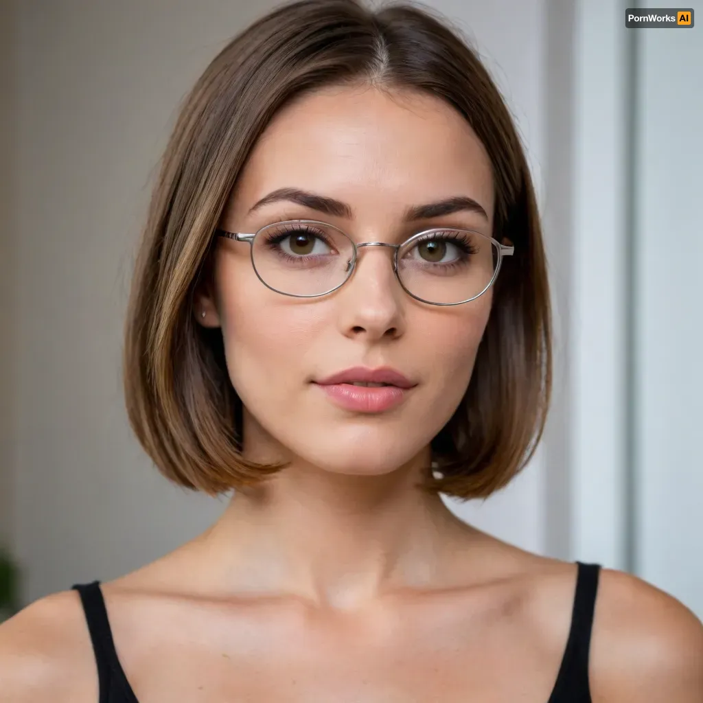 A 36 woman with a fair, slightly warm skin tone and an oval-shaped face with a soft jawline. She has straight, medium-brown hair cut into a shoulder-length bob with a side part, framing her face naturally. Her forehead is moderately high, with natural medium-thick brown eyebrows that have a gentle curve. She has medium-sized almond-shaped eyes with light brown to hazel irises, framed by thin, rectangular metal glasses. Her nose is straight with a subtle rounded tip, and she wears a small silver nose stud on the left side. Her lips are medium fullness with a neutral, relaxed expression. Skin should have a natural texture, not overly smoothed.

Her figure is medium to curvy build, with a fuller bust, proportionate waist and hips, and moderately broad shoulders. Arms are of average length and build. Lighting should be soft and even, with realistic photographic detail, natural shadows, and no overly stylized effects. Background can be neutral or softly blurred to focus on her.

Wearing stockings, black negliee