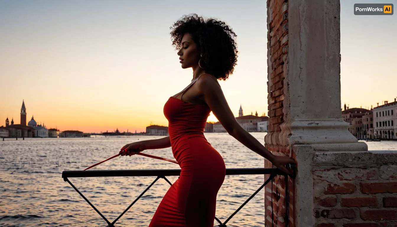 beautiful 50-years-old Afro-American woman with messy curly black hair, brown skin, dark eyes, no tattoos, dark-red painted nails. very dim light, a lot of shadows. fully clothed, colourful dress, scenery in Venice at night. view from the side.