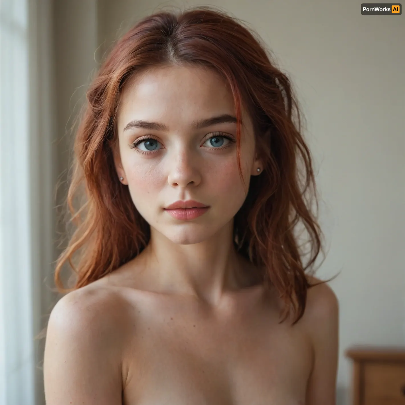 young girl face, nude, long red hair, flat, chested, <lora:flat_chested_v3.5:.8>