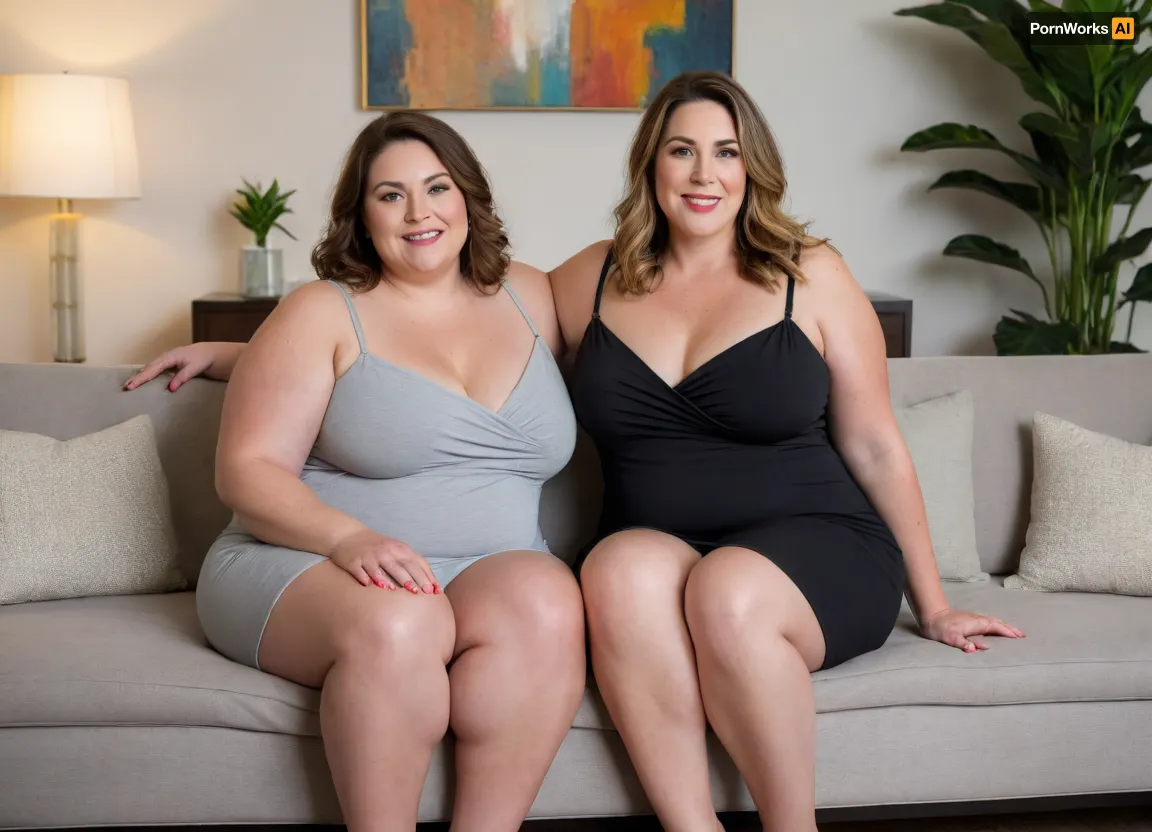 In this inviting and warm image, two ssbbw mature women are seated on a plush, light grey ottoman or bench that serves as a focal point in a tastefully decorated living room. Both women are facing forward, engaging the viewer directly with a friendly and seductive gaze.
The bbw woman on the left has long, wavy dark brown hair that cascades over her shoulders. She is wearing a tight, deep maroon slip dress that accentuates her figure, with a high slit revealing part of her leg. Her left arm is resting comfortably on her lap, while her right arm is slightly bent at her side. She has a confident smile, and her eyes convey a sense of playful allure. Her makeup is natural, highlighting her features.
The bbw mature woman on the right has lighter, dark-blonde hair with highlights that also flows past her shoulders. She is adorned in a tight black slip dress with thin straps. Her pose mirrors her companion's, with her hands resting gently on her lap. She offers a more subtle, yet equally captivating, smile and direct eye contact.
Both women share similar facial features, suggesting a familial resemblance or a close friendship. Their expressions are open and inviting, contributing to the overall sexy and welcoming mood of the scene. They in their mid-50s, 55 years old, exuding maturity and confidence.
The background of the image features a contemporary living room with a sophisticated ambiance. Behind the women, a comfortable-looking grey sofa is visible. On either side of the sofa, two identical table lamps with warm, glowing shades cast a soft, ambient light, illuminating the space. Above the sofa, a large piece of abstract art with neutral tones and geometric shapes hangs on the wall, adding a touch of modern elegance. The lighting is soft and flattering, creating a well-lit and intimate setting that enhances the inviting atmosphere. The overall mood is one of subtle sensuality and comfort.