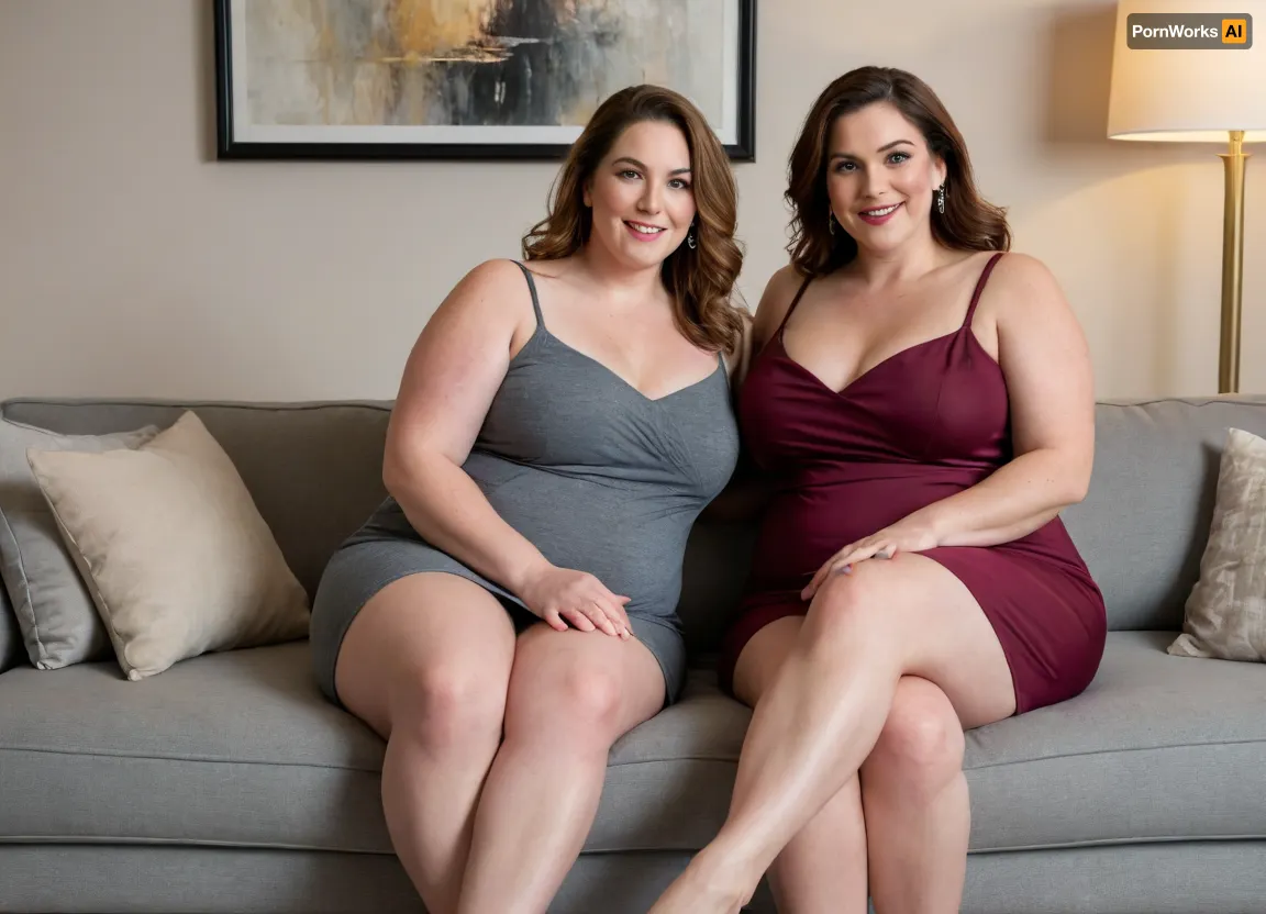 In this inviting and warm image, two ssbbw mature women are seated on a plush, light grey ottoman or bench that serves as a focal point in a tastefully decorated living room. Both women are facing forward, engaging the viewer directly with a friendly and seductive gaze.
The bbw woman on the left has long, wavy dark brown hair that cascades over her shoulders. She is wearing a tight, deep maroon slip dress that accentuates her figure, with a high slit revealing part of her leg. Her left arm is resting comfortably on her lap, while her right arm is slightly bent at her side. She has a confident smile, and her eyes convey a sense of playful allure. Her makeup is natural, highlighting her features.
The bbw mature woman on the right has lighter, dark-blonde hair with highlights that also flows past her shoulders. She is adorned in a tight black slip dress with thin straps. Her pose mirrors her companion's, with her hands resting gently on her lap. She offers a more subtle, yet equally captivating, smile and direct eye contact.
Both women share similar facial features, suggesting a familial resemblance or a close friendship. Their expressions are open and inviting, contributing to the overall sexy and welcoming mood of the scene. They in their mid-50s, 55 years old, exuding maturity and confidence. Both women have their legs spread showing their pussy.
The background of the image features a contemporary living room with a sophisticated ambiance. Behind the women, a comfortable-looking grey sofa is visible. On either side of the sofa, two identical table lamps with warm, glowing shades cast a soft, ambient light, illuminating the space. Above the sofa, a large piece of abstract art with neutral tones and geometric shapes hangs on the wall, adding a touch of modern elegance. The lighting is soft and flattering, creating a well-lit and intimate setting that enhances the inviting atmosphere. The overall mood is one of subtle sensuality and comfort.