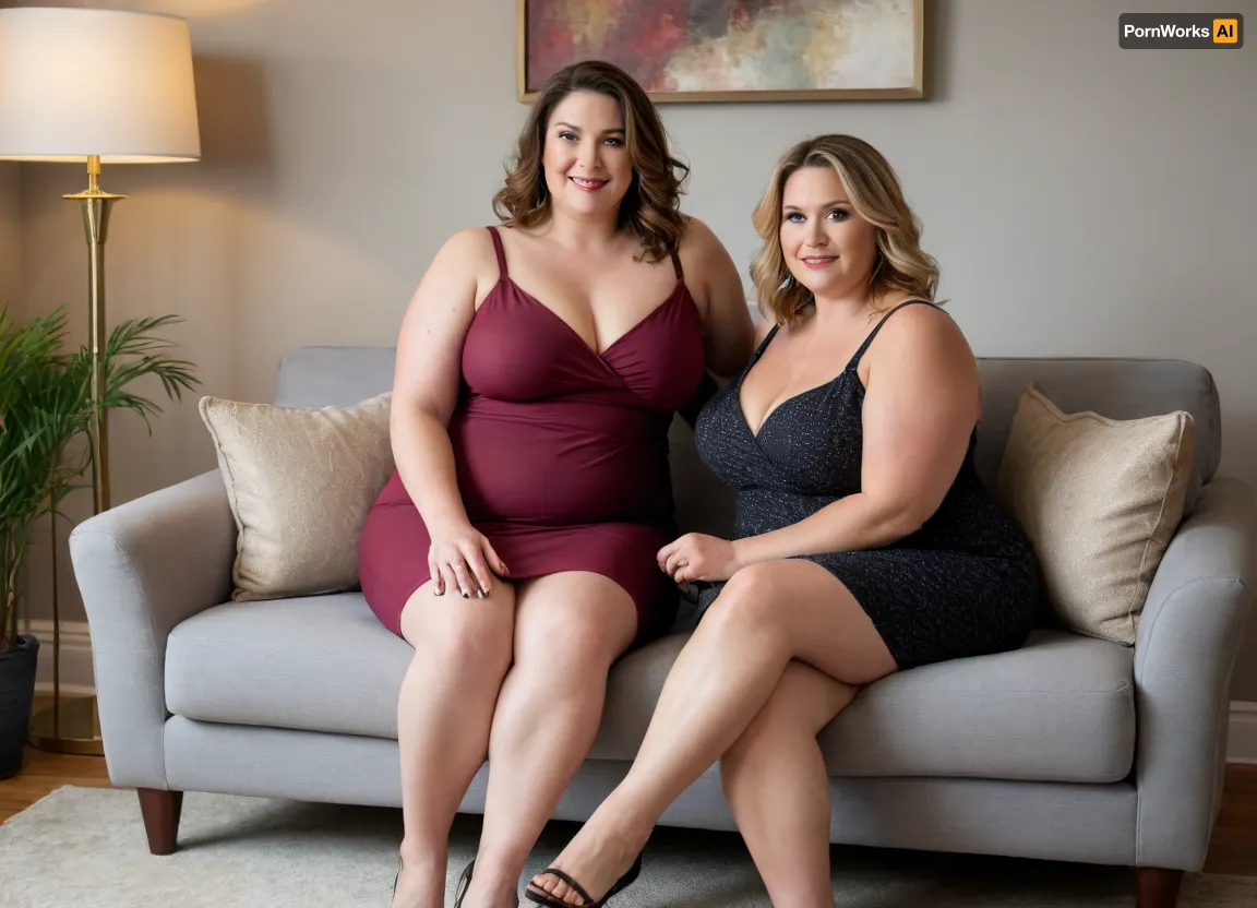 In this inviting and warm image, two ssbbw mature women are seated on a plush, light grey ottoman or bench that serves as a focal point in a tastefully decorated living room. Both women are facing forward, engaging the viewer directly with a friendly and seductive gaze.
The bbw woman on the left has long, wavy dark brown hair that cascades over her shoulders. She is wearing a tight, deep maroon slip dress that accentuates her figure, with a high slit revealing part of her leg. Her left arm is resting comfortably on her lap, while her right arm is slightly bent at her side. She has a confident smile, and her eyes convey a sense of playful allure. Her makeup is natural, highlighting her features.
The bbw mature woman on the right has lighter, dark-blonde hair with highlights that also flows past her shoulders. She is adorned in a tight black slip dress with thin straps. Her pose mirrors her companion's, with her hands resting gently on her lap. She offers a more subtle, yet equally captivating, smile and direct eye contact.
Both women share similar facial features, suggesting a familial resemblance or a close friendship. Their expressions are open and inviting, contributing to the overall sexy and welcoming mood of the scene. They in their mid-50s, 55 years old, exuding maturity and confidence. Both women have their legs open showing their panties.
The background of the image features a contemporary living room with a sophisticated ambiance. Behind the women, a comfortable-looking grey sofa is visible. On either side of the sofa, two identical table lamps with warm, glowing shades cast a soft, ambient light, illuminating the space. Above the sofa, a large piece of abstract art with neutral tones and geometric shapes hangs on the wall, adding a touch of modern elegance. The lighting is soft and flattering, creating a well-lit and intimate setting that enhances the inviting atmosphere. The overall mood is one of subtle sensuality and comfort.