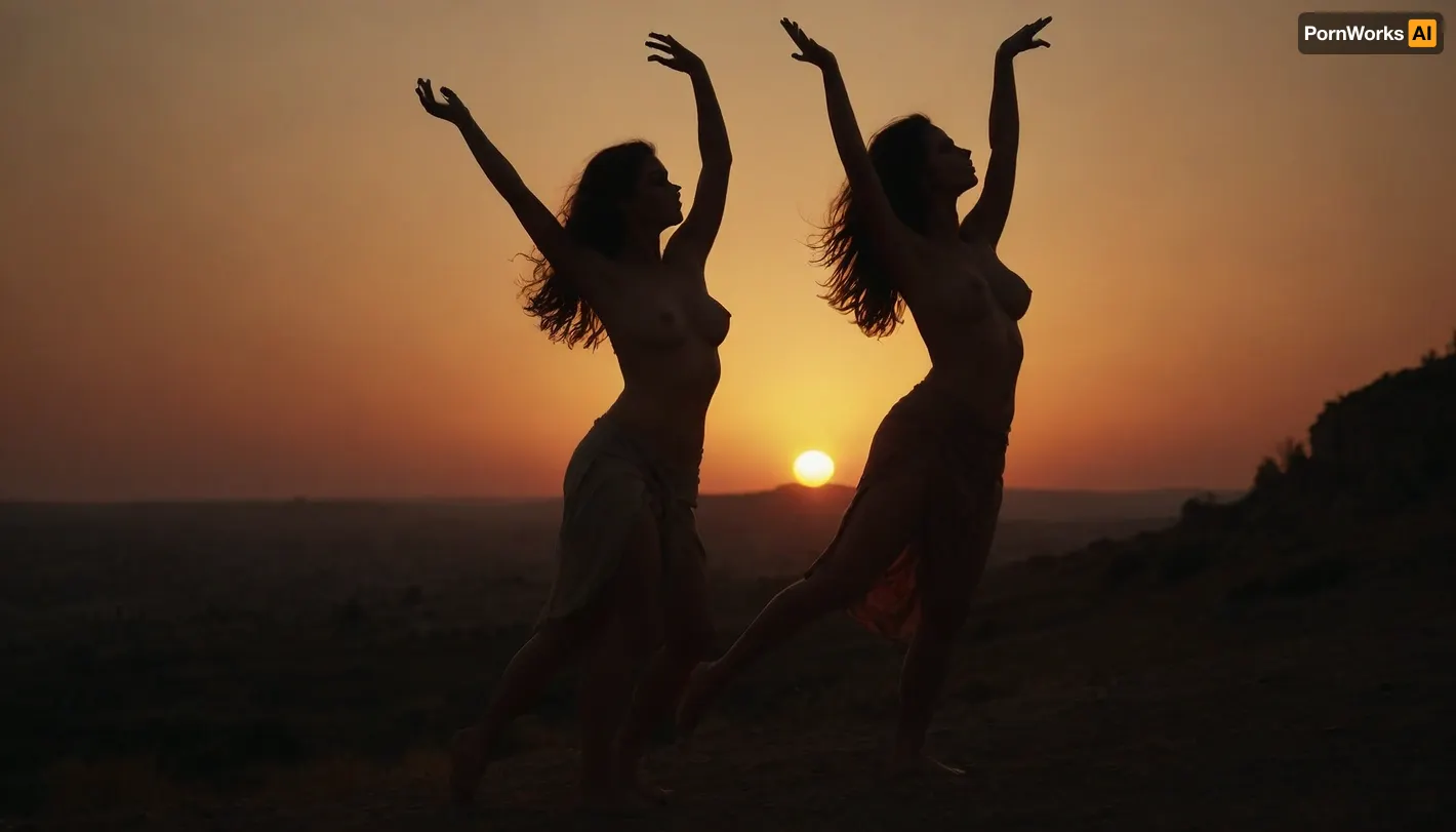 scene some young women in ancient rome, outdoors on a lonely hill, sunset, very dimmed light, (very sexy women dancing arms up before the sunset, big breast, topless), the wind blows through their hair, full body view, only outlines visible
