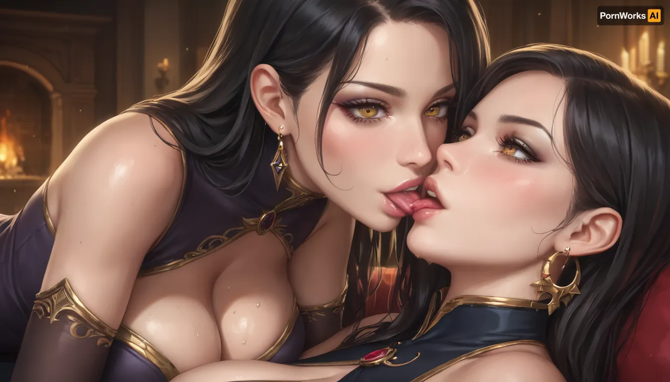 (1womens:1), best women, beatuiful slim, long hair, black hair, beautiful gold eyes, very huge breasts, big ass, witch clothes, high quality, lust and falling in love, Close-up breasts inward view, in living room, tits is outside clothes, passion kiss