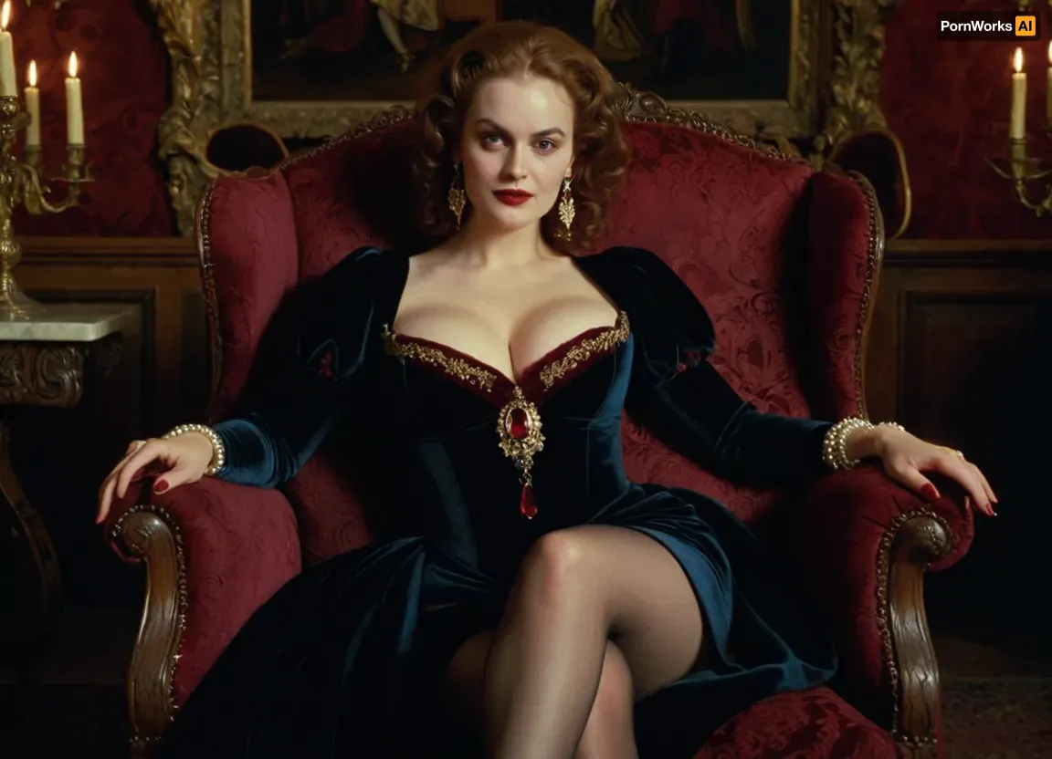 8k, masterpiece, Cinematic style of Stanley Kubrick's Barry Lyndon, dramatic candlelit lighting, medium shot portrait of a busty vampire girl, wearing an elaborate 18th century burgundy velvet gown with deep decollete and thigh-high slit revealing her pale graceful legs, intricate gold embroidery, pearl jewelry, pale porcelain skin, crimson lips, piercing red eyes, friendly smile, reclining in chair, holding a crystal glass of blood-red wine, grand Gothic castle interior with dark tapestries and antique furniture, chiaroscuro lighting, atmospheric, photorealistic, <lora:Kubrick_FLUX:.8>