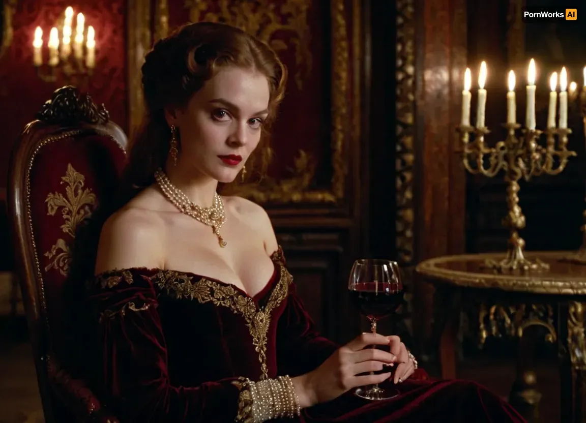 8k, masterpiece, Cinematic style of Stanley Kubrick's Barry Lyndon, dramatic candlelit lighting, medium shot portrait of a beautiful vampire girl, wearing an elaborate 18th century burgundy velvet gown with deep decollete and thigh-high slit revealing her pale graceful legs, intricate gold embroidery, pearl jewelry, pale porcelain skin, crimson lips, piercing red eyes, mysterious smirk, sitting in chair, holding a crystal glass of blood-red wine, grand Gothic castle interior with dark tapestries and antique furniture, chiaroscuro lighting, atmospheric, photorealistic, <lora:Kubrick_FLUX:.8>