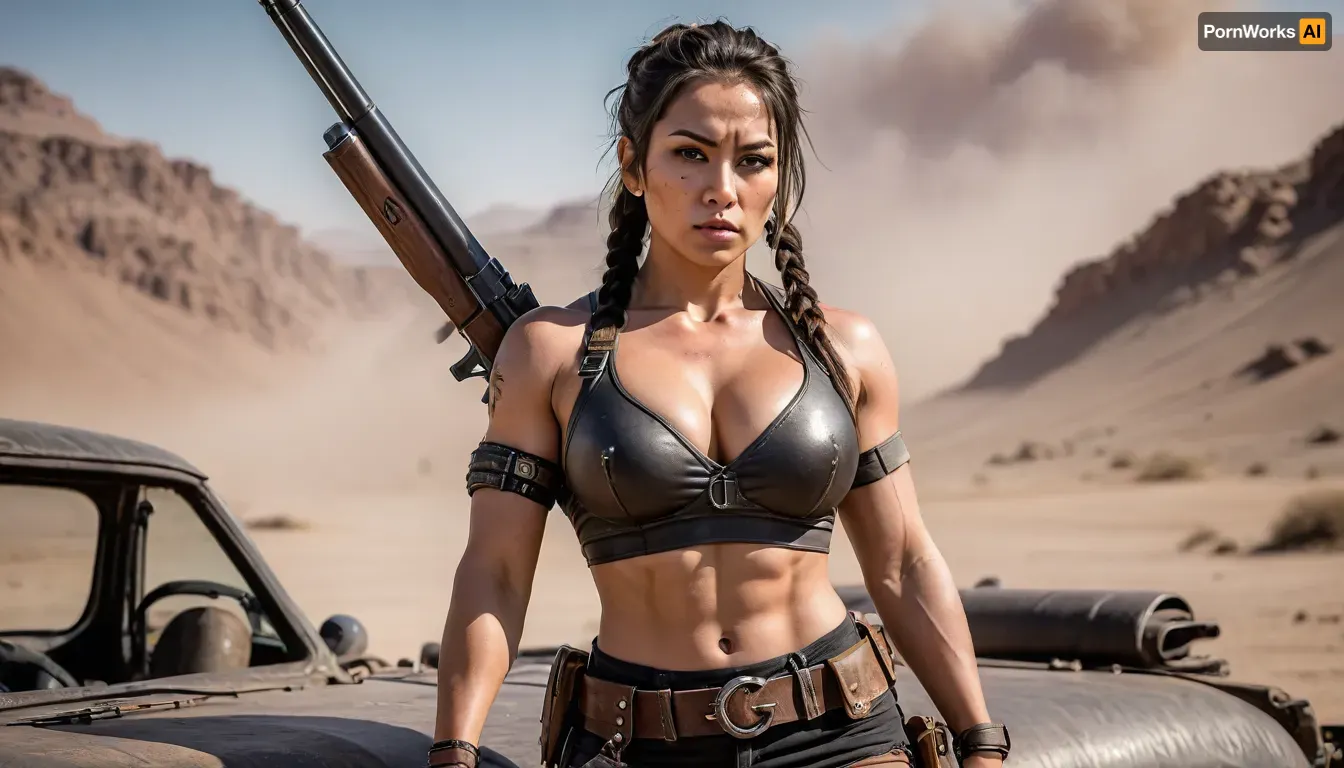 (subject, a asian female extreme bodybuilder apocalyptic warrior, clothing style Mad Max or Fallout universe as a raider outfit, hair braided, war paint, with found objects and jewelry of pre-war world description, holding a, (sawed-off double-barreled shotgun:1.5), sitting on the hood of aripped off Mad Max style car, desert scenario with remnants of civilization and a, in the background, a sandstorm swirling around, style/aesthetic, detailed manga-style illustration with dynamic shading and bold linework), large, breasts, big, boobs, huge, tits, uberfit, muscular, athletic, <lora:bombshell_v2:1.1>, <lora:uberfit_lora_sdxl:1.1>