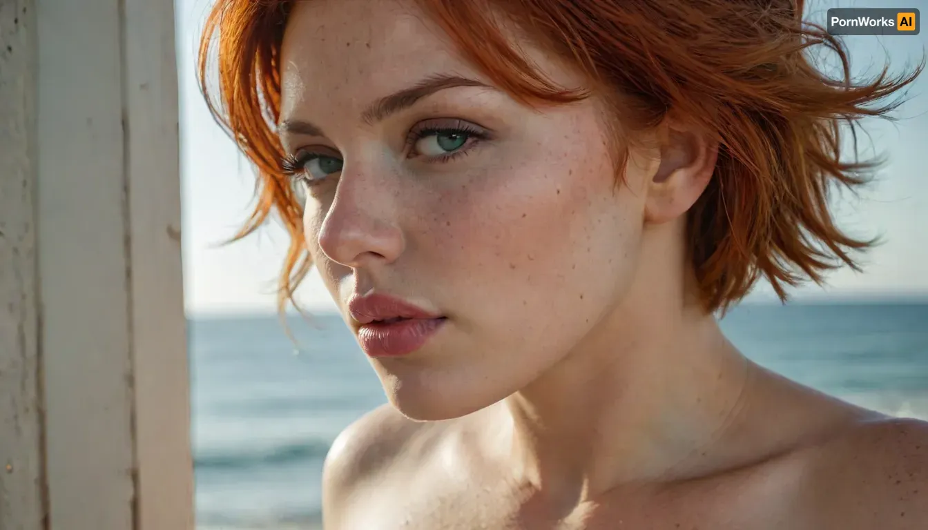 sunny beach, woman, portrait, (big breast:1.5), red short hair, freckles, look to the viewer, scary face, side view, 4ng3l, face, <lora:SDXL_BetterFaces-LoRA_v1:2>