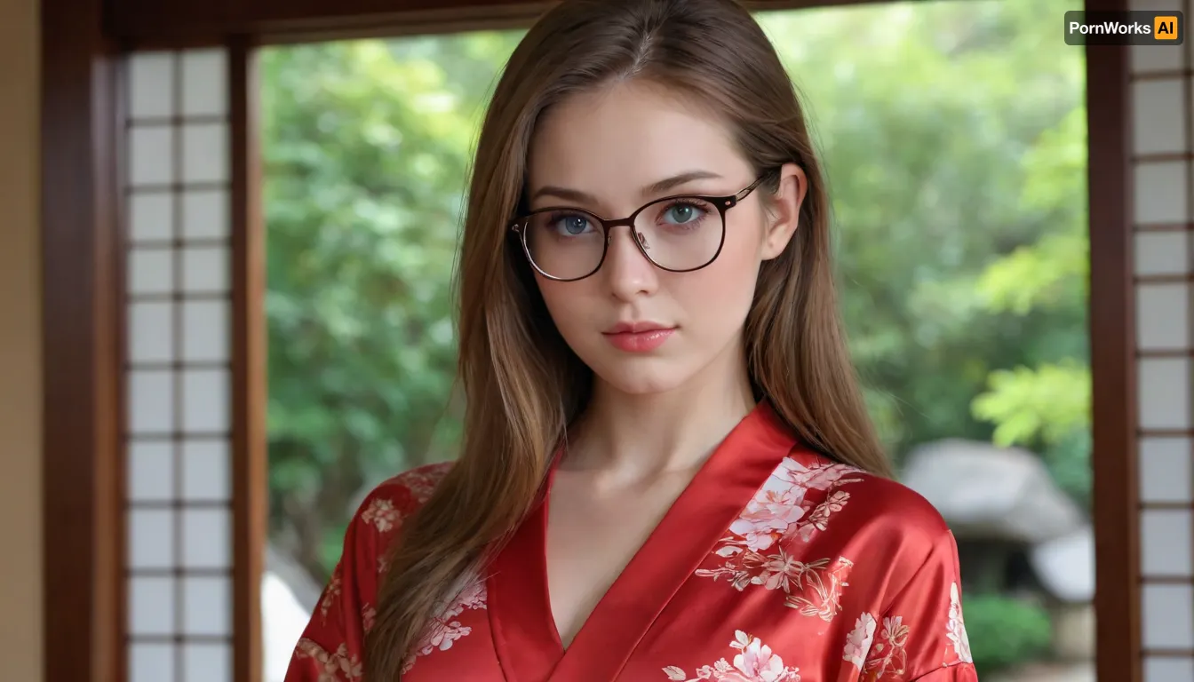 three-quarter shot, (natural beauty:1.33), a gorgeous 19 year old skinny secretary, young adult, gorgeous young looking woman, beautiful, cute, sweet, endearing, charming, model, goddess, realistic detailed eyes, realistic detailed face, realistic detailed skin, expressive blue eyes, fresh face, shy, gentle smile, busty, round tits, vivid colors, gentle seduction, tight and firm body, slender build, petite, (long brown hair), wearing red open japanese mini silk kimono, girl fully dressed in a mini silk kimono, nerdy glasses, Shinto shrine, hyper realistic photo, full hd, 8K, 3d view, masterpiece, high detail, ultimate realism, photorealistic