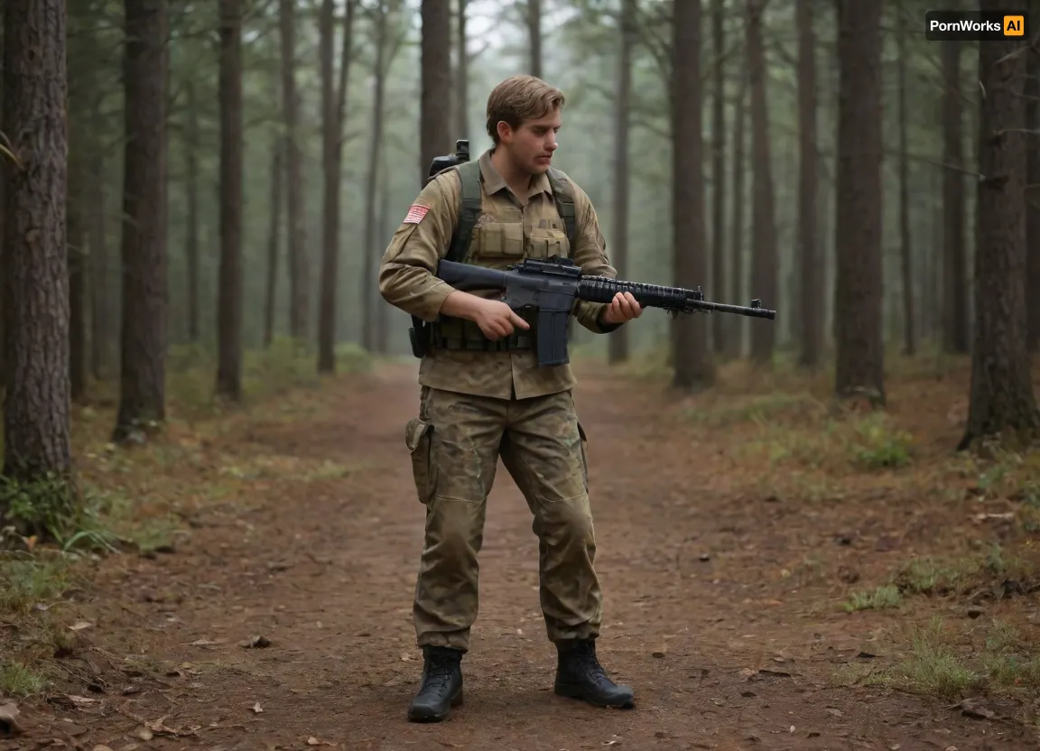 Award-winning war photograph, long shot of a soldier in camouflage uniform, (woodland digital camo:1.6), chest rig with spare magazines, combat boots. He stands before a ruined lost place, upright, half turned toward the lens, intense gaze at the camera. Right foot forward, M5 rifle held loosely in right hand, left thumb hooked behind the belt. Cinematic light shafts, sharp detail, dust particles, muted colors, timeless war photojournalism aesthetic., Movie, Still, Film, Cinematic, Shot, Lighting, <lora:add-detail-xl:.8>, <lora:JuggerCineXL2:.8>