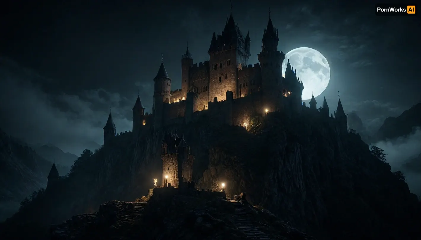 A eerie and creepy medieval castle sits atop the mountain. It exudes a sinister appearance. moonlight shines upon its medieval walls. There is fog in the air and a unsettling silence in the air. Every brick is visible, <lora:dark:.8>, <lora:Vivid Midjourney mimic - XL SDXL v2.0:1.5>