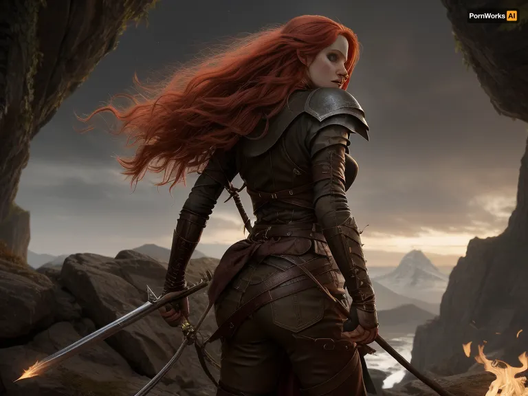 Setting, against the wall is a giant gaping vagina that resembles the opening to a cave in a mountainside.

25 y/o elven rogue, (long red hair blowing in the wind), (torch in right hand illuminating path into the gaping vagina), view from behind, fully clothed in roguish outfit with daggers a quiver and bow leather armor, HD, 8k, hdr, high quality, hi-resolution, extreme detail