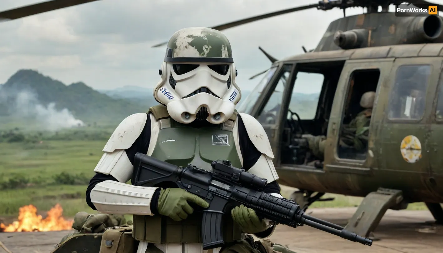 flying on board helicopter, Stormtrooper from Star Wars in Stormtrooper face mask and detailed green and dirt combat armor, Holding a heavy blaster, sitting in the cargo hold of a Huey helicopter with the door open, Vietnam War, Vietnam landscape in the background, explosions, combat, green camouflage in the style of Vietnam, green armor camouflage in the style of Vietnam, the phrase "born to kill" on the helmet