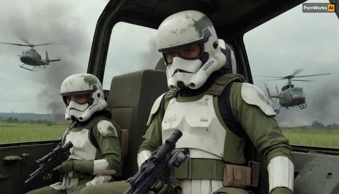 2 girls flying on a board helicopter, Stormtrooper from Star Wars in Stormtrooper face mask and detailed green and dirt combat armor, Holding a heavy blaster, sitting in the cargo hold of a Huey helicopter with the door open, Vietnam War, Vietnam landscape in the background, explosions, combat, green camouflage in the style of Vietnam, green armor camouflage in the style of Vietnam, the phrase "born to kill" on the helmet