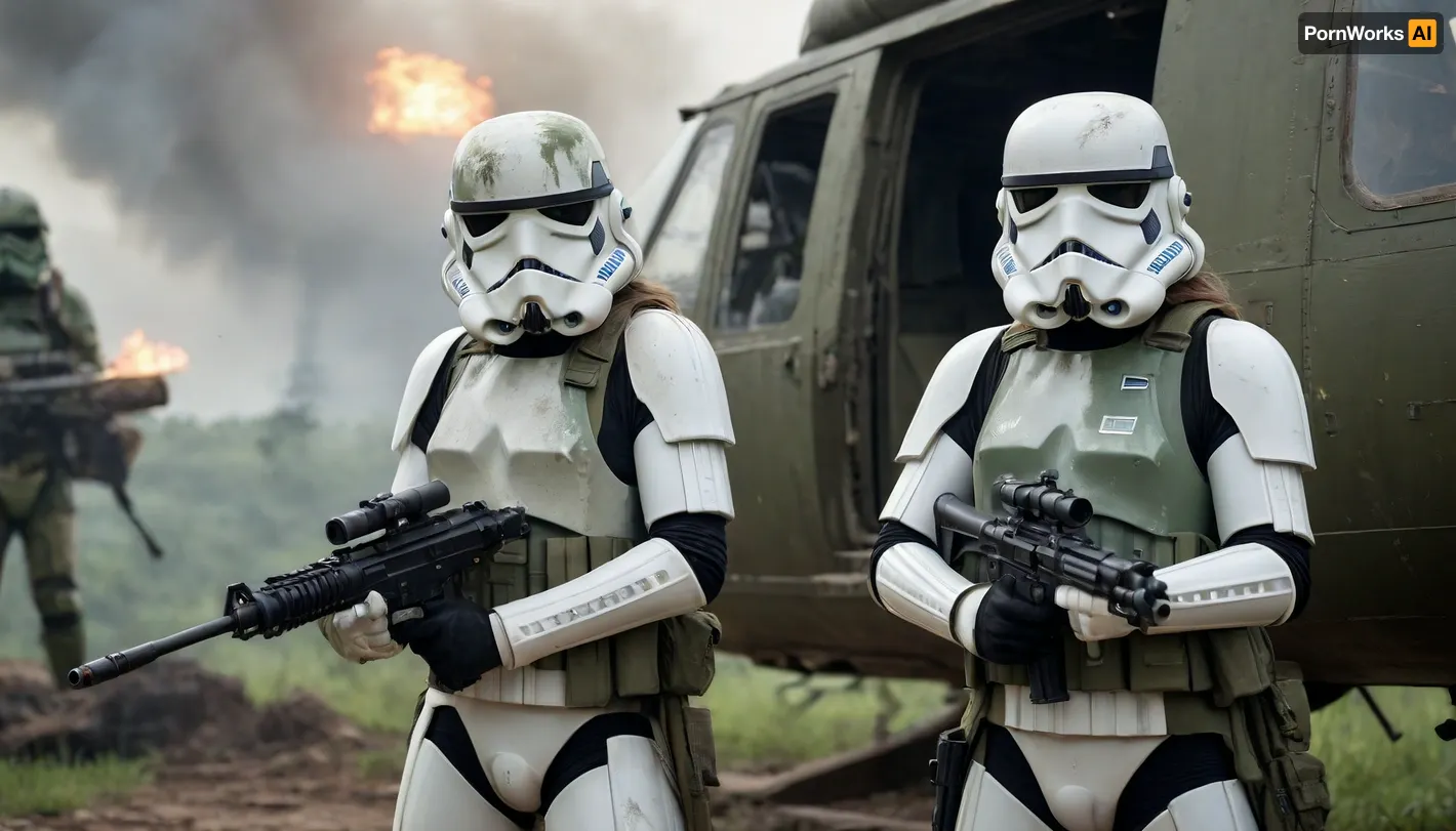2 girls, Stormtrooper from Star Wars in Stormtrooper face mask and detailed green and dirt combat armor, Holding a heavy blaster, in the cargo hold of a Huey helicopter with the door open, Vietnamese landscape in the background, explosions, combat, frontlight, blurry background, cinematic_lighting, dynamic, dramatic, green camouflage in the style of Vietnam