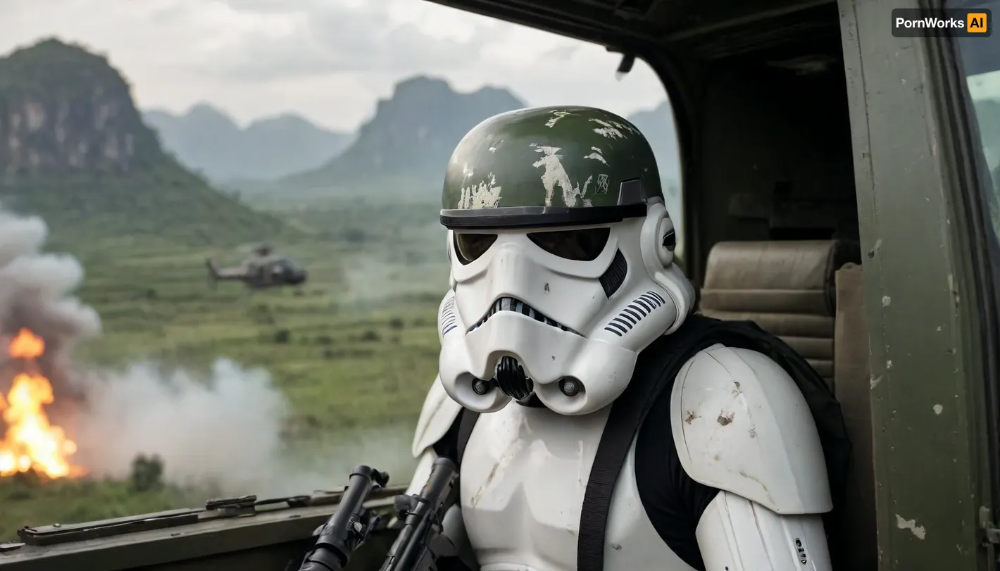 Stormtrooper from Star Wars in Stormtrooper face mask and detailed dirt combat armor, Holding a heavy blaster, in a UH1 helicopter compartment with an open door, Vietnam War, Vietnamese landscape in the background, explosions, combat, frontlight, blurry background, cinematic_lighting, dynamic, dramatic, green camouflage in the style of Vietnam