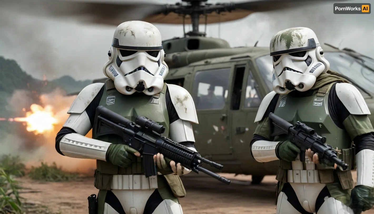 2 men, Stormtrooper from Star Wars in Stormtrooper face mask and detailed green and dirt combat armor, Holding a heavy blaster, in the cargo hold of a Huey helicopter with the door open, Vietnamese landscape in the background, explosions, combat, frontlight, blurry background, cinematic_lighting, dynamic, dramatic, green camouflage in the style of Vietnam