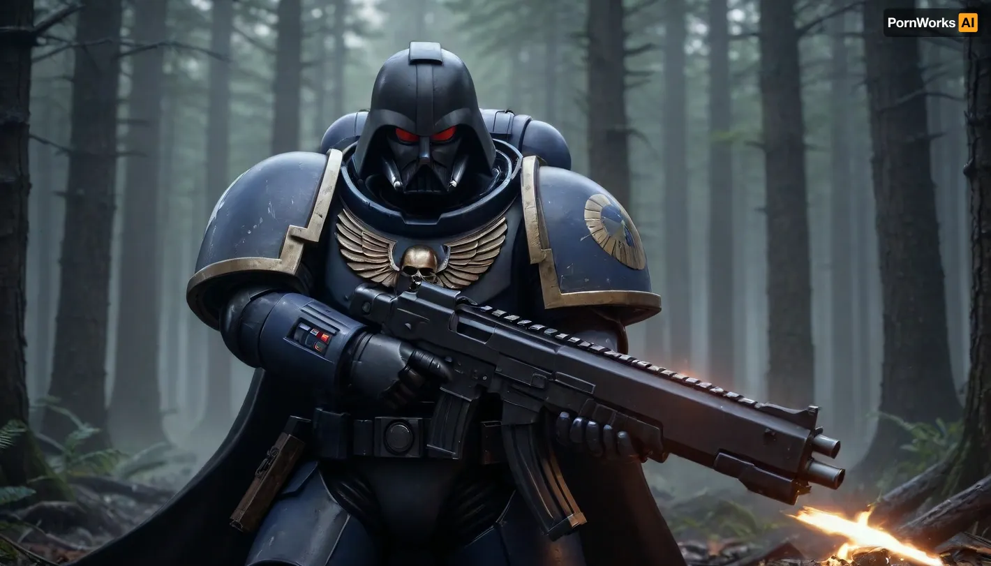 Darth Vader in a space marine's power armor on the battlefield, fighting against Wookiee in the Star Wars forest, Knight, black armor, black hood, holding, bolter, power, primaris, helmet, <lora:primaris_marine-knight_armor-000007:.8>