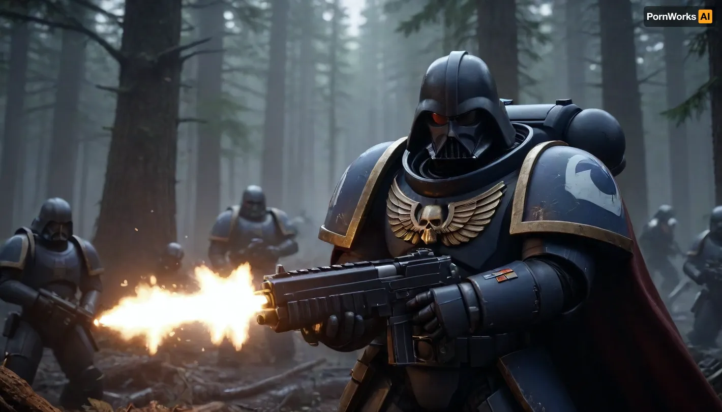 Darth Vader in a space marine's power armor on the battlefield, fighting against Wookiee in the Star Wars forest, Knight, black colourful armor, black hood, holding, bolter, power, primaris, helmet, with defeated Wookiees in the background, <lora:primaris_marine-knight_armor-000007:.8>