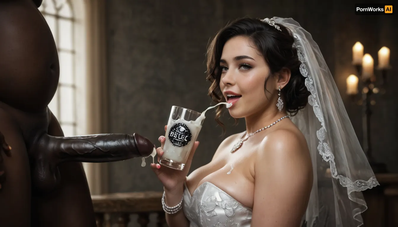 interracial, very large black penis, The happy chubby Persian bride in sexy wedding dress, cum driping bride's chain' cum driping from black penis, drinking sperm from transparent cup, there is glossy and sticky sperm in cup, cup full of sperm, cum swallowing, ((gokkun)), cum dripping from the corners of her lips, ((text on The cup, "BBC Cum")), logo, text, sign, that, says, the, word, <lora:671410_training_data:.8>, <lora:dark:.5>, <lora:texta:1>, <lora:677862_training_data:.8>