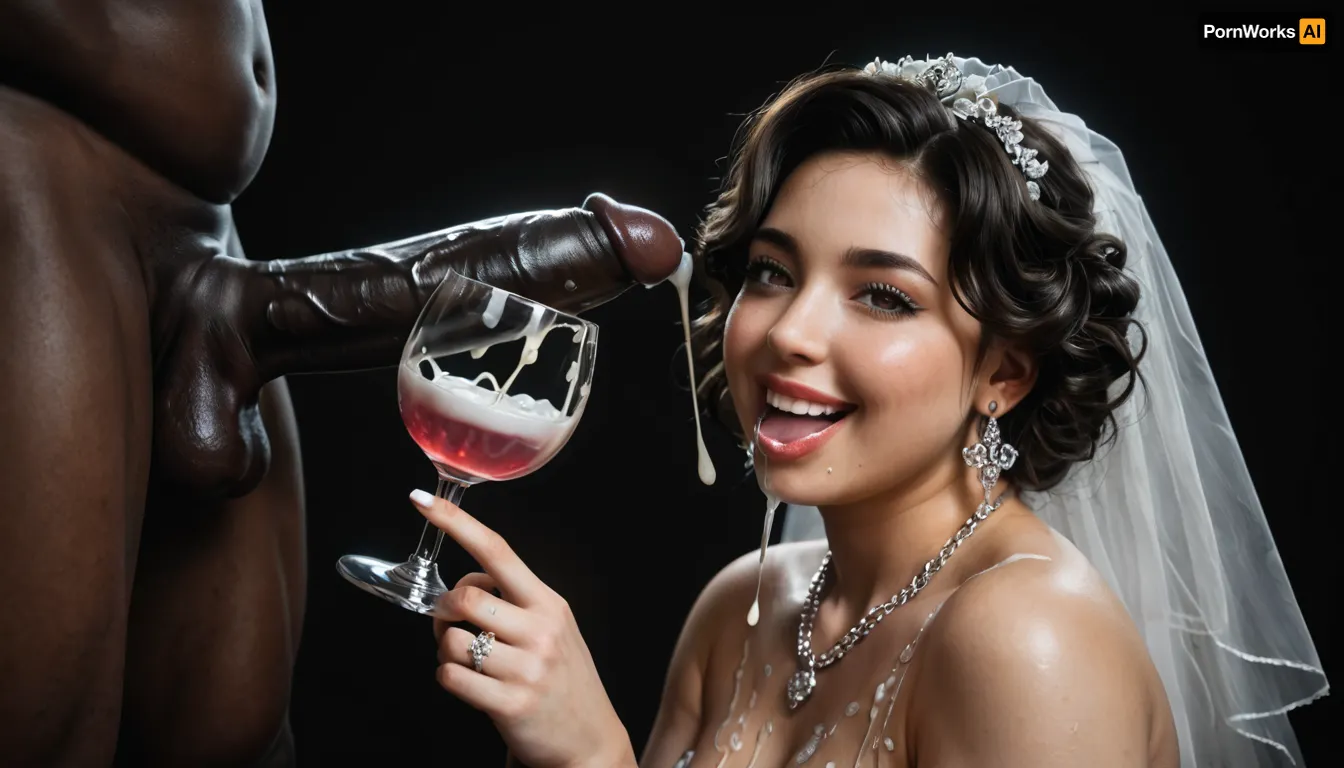 interracial, very large black penis, The happy chubby Persian bride in sexy wedding dress, cum driping bride's chain' cum driping from black penis, drinking sperm from transparent cup, there is glossy and sticky sperm in cup, cup full of sperm, cum swallowing, ((gokkun)), cum dripping from the corners of her lips, ((text on The cup, "BBC Cum")), logo, text, sign, that, says, the, word, <lora:671410_training_data:.8>, <lora:dark:.5>, <lora:texta:1>, <lora:677862_training_data:.8>