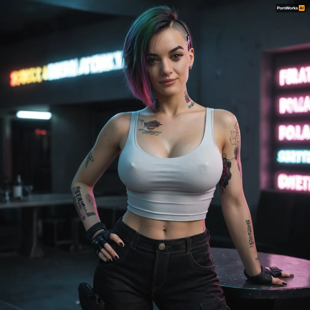 Judy Alvarez from Cyberpunk 2077, stunning punk-inspired braindance technician with a rebellious yet kind aura. Slim and athletic build, fair skin with colorful tattoos, short undercut hairstyle with teal and purple highlights, expressive green eyes with cyberpunk eyeliner, large bimbo breasts. Wearing her iconic cyberpunk outfit, tank top, cargo pants, boots, fingerless gloves, and visible cyberware implants. Standing in Lizzie’s Bar with neon lights glowing, braindance rigs and holograms around her, cigarette in hand and a confident smirk. Ultra-realistic cyberpunk art, highly detailed, cinematic neon lighting, gritty futuristic atmosphere.