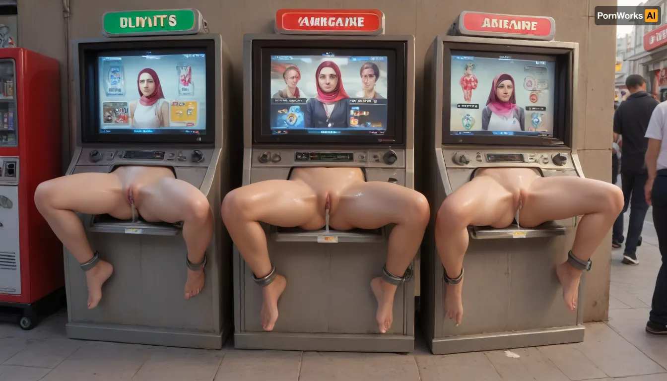 score_9, score_8_up, score_7_up, score_6_up, (lineup of sluts stuck in round opening in machines with metal rim:1.3), (spread legs restrained with thick metal rim:1.1), oiled skin, ripped white clothes, after sex, trembling, {{steamy pussy}}, cum in pussy, cum inside, cum leaking out of pussy, cum on ass, excessive cum, pussy juice dripping down to the floor, (big photo of her face on the screen of the machine:1.5), {{trembling}}, rolled up her skirt, glory wall, leaking cum, steamy pussy, (object), public display public, (use pussy stuck hole in arcade machine), (arcade machines lined up), (arcade gaming hall), wall writing, concrete wall, Muslim girl, pink hijab, (evenly spaced out lineup of free-standing metal boxes), (evenly spaced out stand-alone full-height metal boxes), (vintage vending machines on public street, pedestrians walking by:1.3)