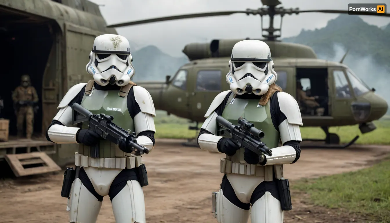2 girls, Stormtrooper from Star Wars in Stormtrooper face mask and detailed green and dirt combat armor, Holding a heavy blaster, in the cargo hold of a Huey helicopter with the door open, Vietnamese landscape in the background, explosions, combat, frontlight, blurry background, cinematic_lighting, dynamic, dramatic, green camouflage in the style of Vietnam