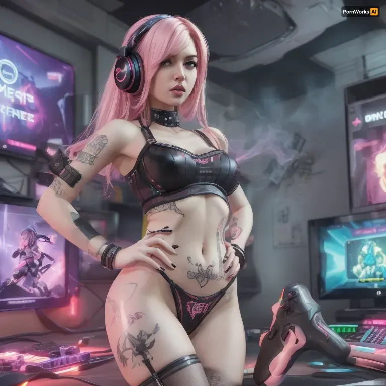 (1girl 30 yo with pink long hair in a sexy outfit with headphones), m4 sopmod ii girls frontline, oppai cyberpunk, seductive anime girl, perfect android girl, cyberpunk anime girl, artwork in the style of guweiz, female cyberpunk anime girl, trending at cgstation, trending on cgstation, fine details. girls frontline, from girls frontline, girls frontline universe, guweiz, cyberpunk femme fatale, ((slim girl)), ((small breasts)), ((small butt)), (((lingerie))), candy room, amplifier, (she wears studded bracelets), ((she wears a SEPULTURA Shirt)), ((small eyebrowns, black eyeliner)), ((bodypainting)), (freundliches lächeln), ((clouds of smoke)), transparent, clothes, (with, pokies), (facepainting), <lora:Transparent_Clothes_V2:.5>, <lora:pokies_9:.2>, SkinPerfection_NegV15, epiCPhoto, flames, (((she dances in a gamer room)))