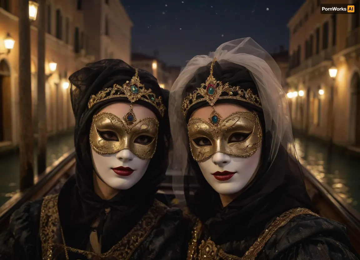 (hyperréaliste), (Venetian Carnaval), two masked women, drop down view, on a gondola, snowy night